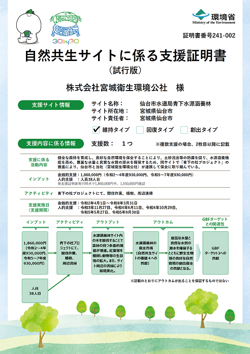 全国初となる自然共生サイトに係る支援証明書